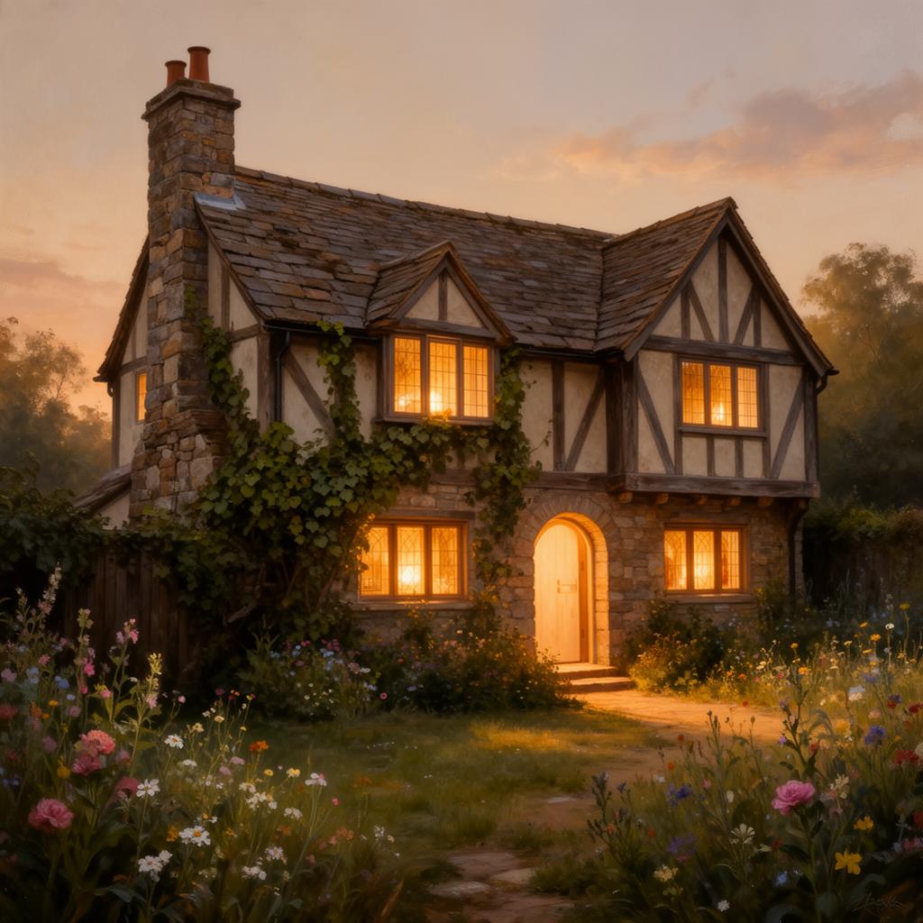 A warm two-story stone cottage with a glowing arched doorway